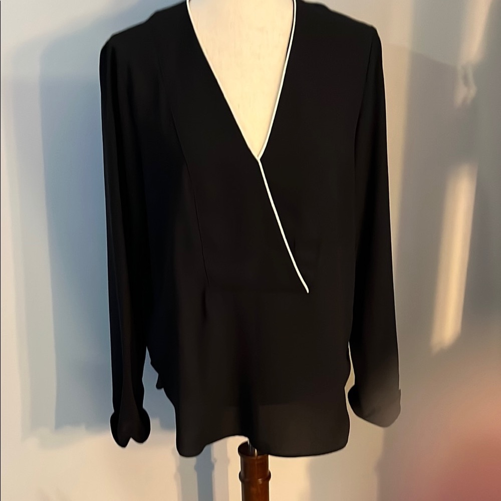 Mango Black Blouse with White Trim